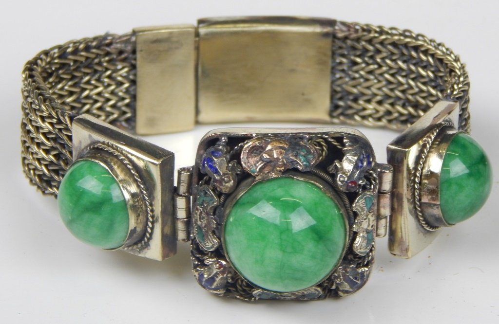 CHINESE SILVER ENAMELED JADEITE BRACELET (1 of 5)