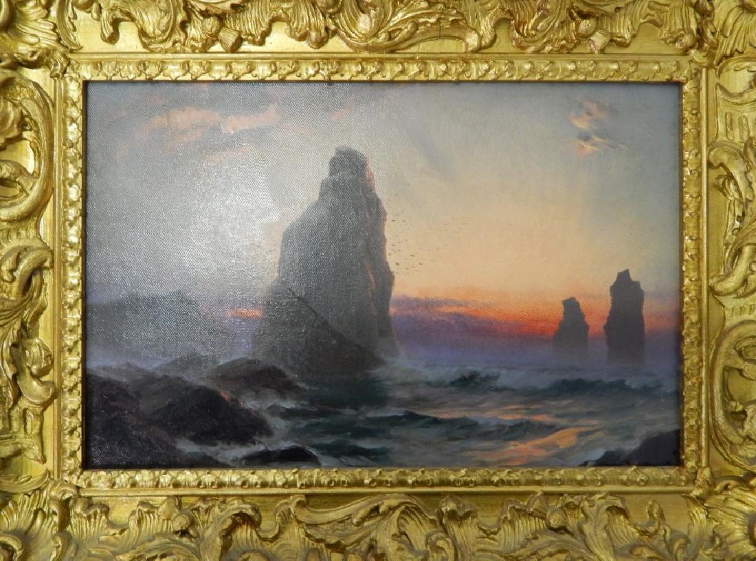 JAMES MILLAR COASTAL OIL PAINTING ON CANVAS BOARD: James H. C. Millar (UNITED KINGDOM, active 1884-1902) original Seascape oil painting on canvas laid on board depicting waves crashing against protruding rock formations at sunrise or sunset. Signed "J