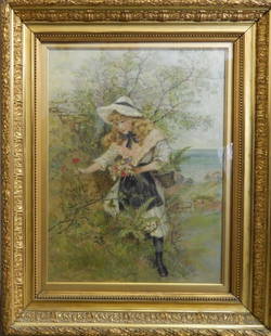 EDWARD PERCY MORAN FLOWER GIRL OIL PAINTING: Percy (Edward Percy) Moran (AMERICAN, 1862 - 1935) oil painting on canvas on canvas depicting a girl picking flowers. Signed to lower left. Mounted in a gold gilt wooden frame with glass screen. Measu