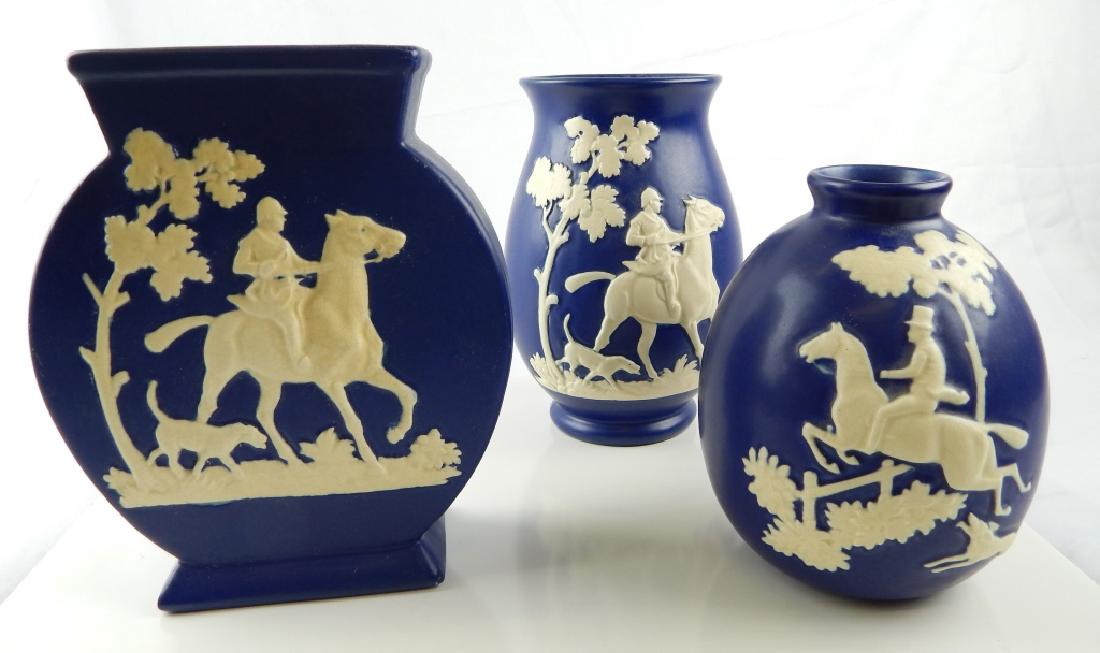 3 WELLER POTTERY CHASE FOX HUNG BLUE VASES (1 of 4)