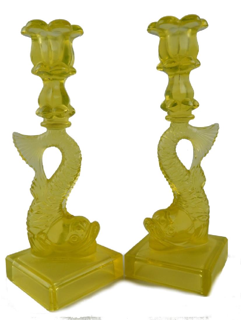 Pr VASELINE GLASS MYTHOLOGICAL FISH CANDLESTICKS (1 of 3)