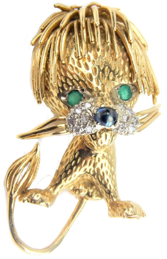 18K GOLD DESIGNER STYLE GEMSTONE LION BROOCH PIN (1 of 6)
