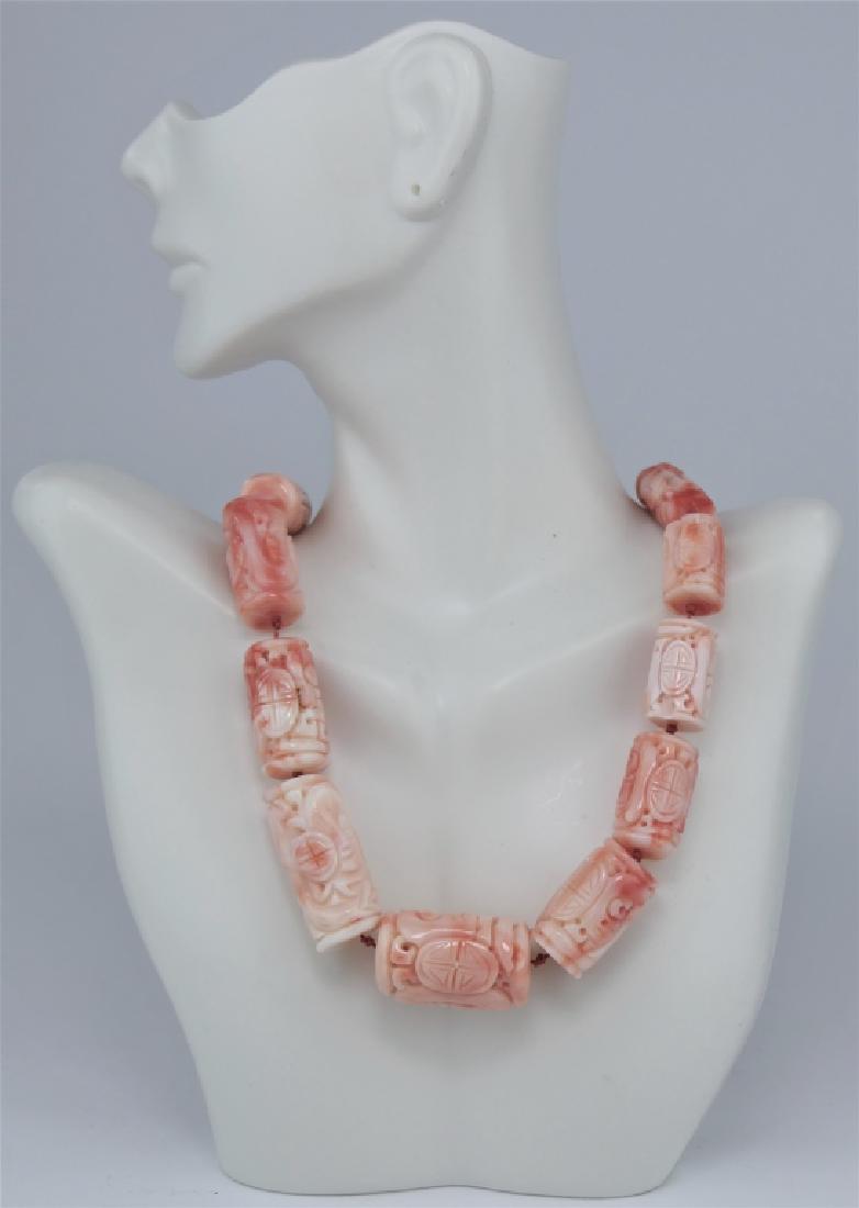 14K GOLD CHINESE CARVED PINK CORAL BEADED NECKLACE (1 of 10)