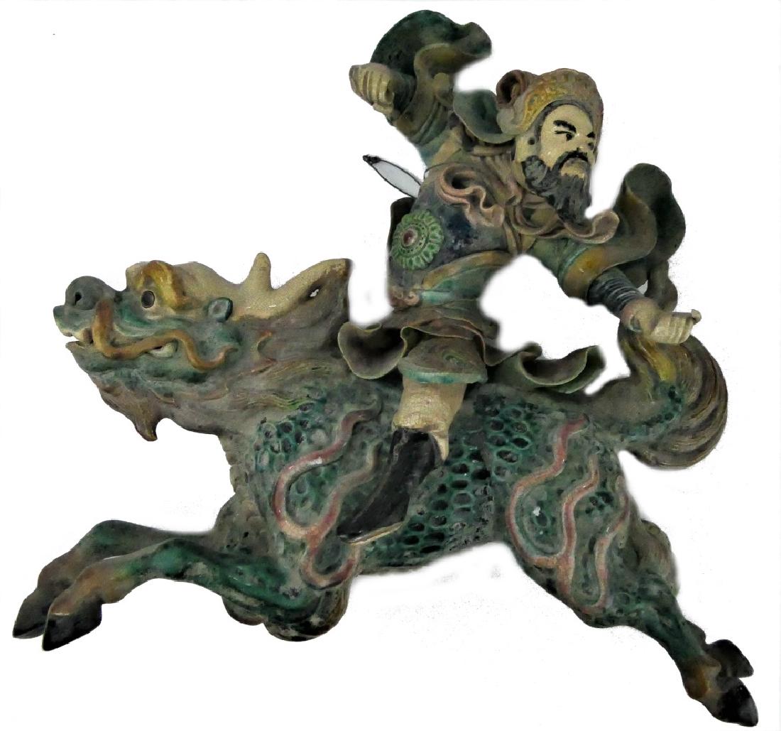 CHINESE WARRIOR ON QILIN POTTERY CERAMIC ROOF TILE (1 of 5)