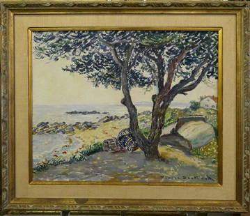 PIERRE BERTRAND (FRANCE 1884 - 1975) OIL ON CANVAS: Pierre Philippe Bertrand (FRANCE, 1884 - 1975) original coastal landscape oil painting on canvas titled "Sur le Chemin Côtier" or "On the Coastal Path". Depicts an inviting coastal scene with tree an