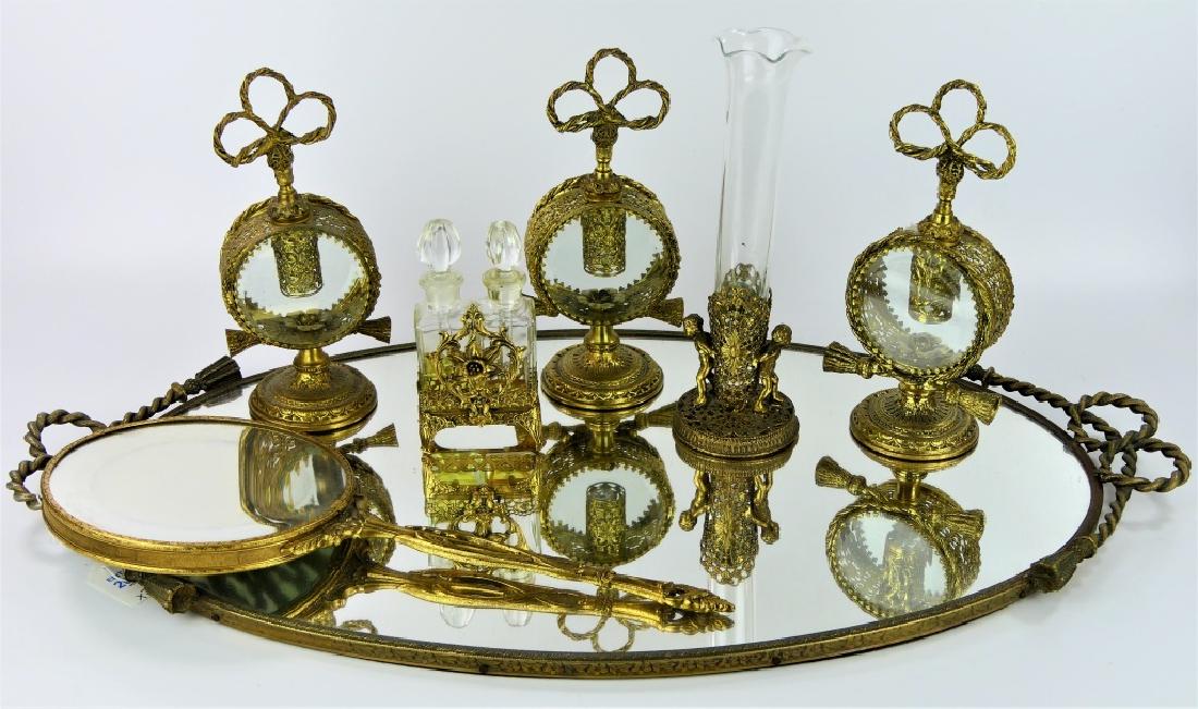 7pc VINTAGE GILT METAL BOUDOIR VANITY ITEMS w TRAY (1 of 5)