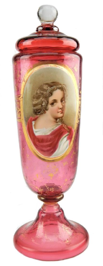 ANTIQUE BOHEMIAN CRANBERRY GLASS PORTRAIT URN (1 of 6)