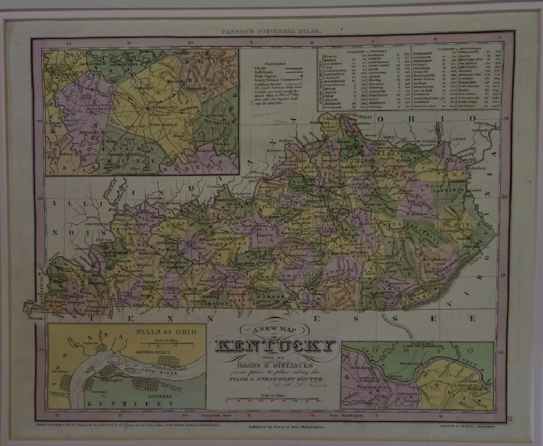 1839 H. S. TANNER A NEW MAP OF KENTUCKY ENGRAVING: 1839 H. S. Tanner "Tanner's Universal Atlas A New Map of Kentucky" engraved by W. Brose and published by Carey & Hart. Map measures approx. 11 1/2" height x 14 1/4" width.