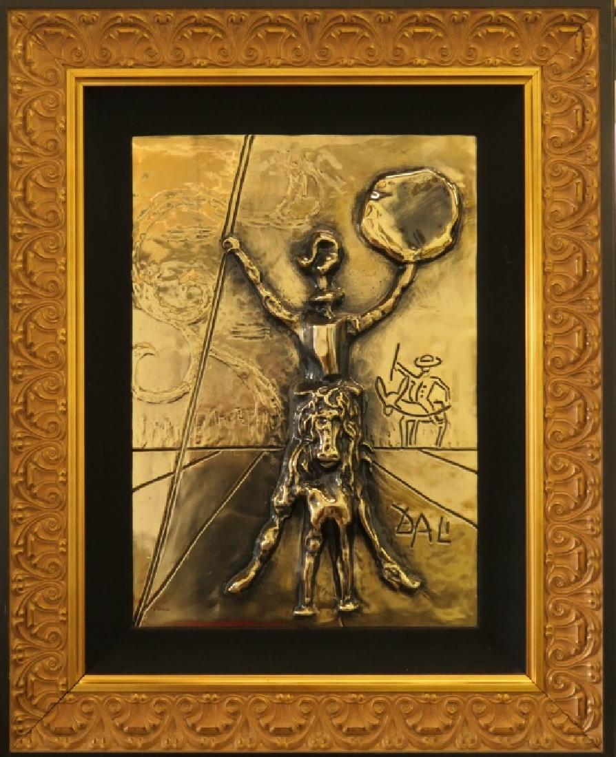 SALVADOR DALI "DON QUIXOTE" GOLD PATINA WALL PLAQU: Salvador Dali (SPAIN / FRANCE, 1904 - 1989) bas relief "Don Quixote" gold patina metal wall plaque. Signed in plaque to lower right and incised numbered lower left 135/160. Mounted in black and gold p