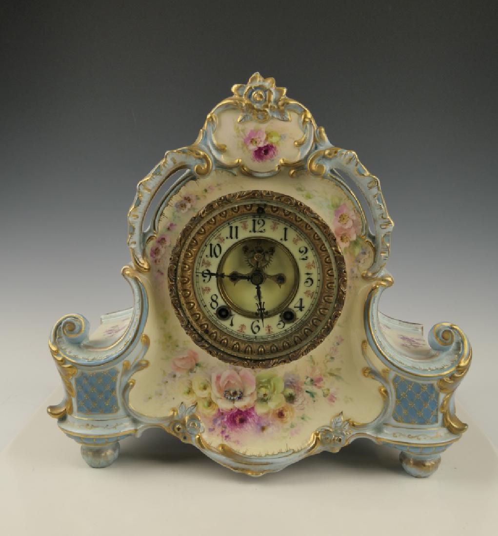 ANSONIA PORCELAIN CASE FLORAL MANTEL CLOCK (1 of 8)