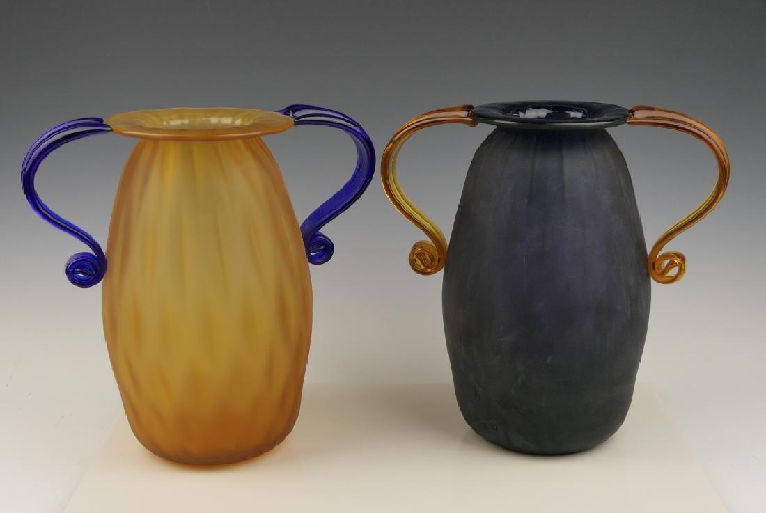 Pr MURANO AMBER & COBALT HANDLED SATIN GLASS VASES (1 of 8)