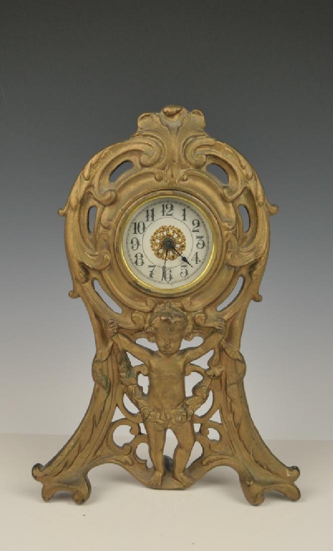 1906  AMERICAN GILT METAL CASE SHELF DESK CLOCK (1 of 8)