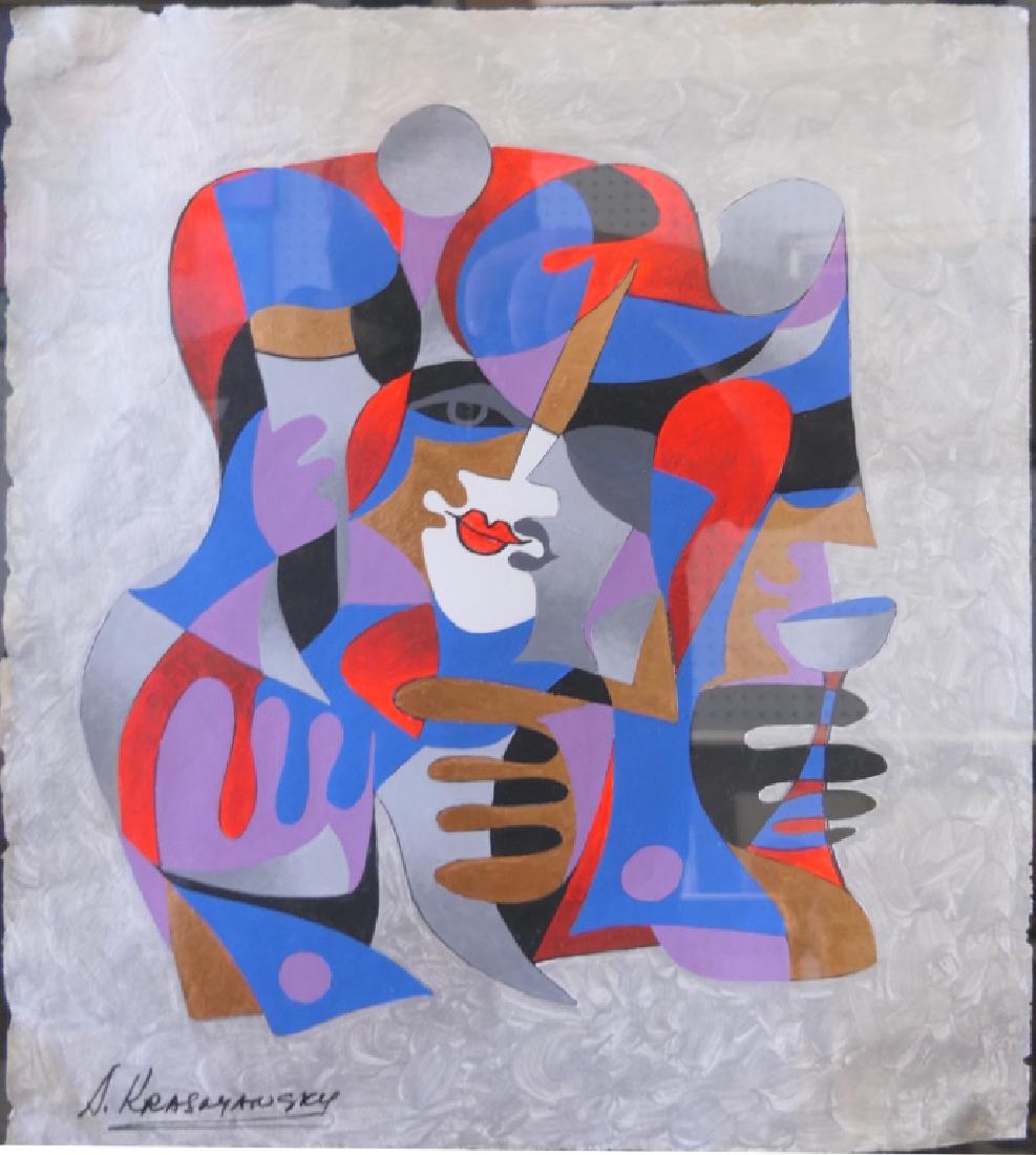 FANATOLE KRASNYANSKY "WHISPERS" MIXED MEDIA WORK: Anatole Krasnyansky (RUSSIAN, 20th / 21st century) executed circa 1996, original mixed media watercolor and acrylic painting on handmade Japanese paper depicting a figure with chalice titled "Whispers