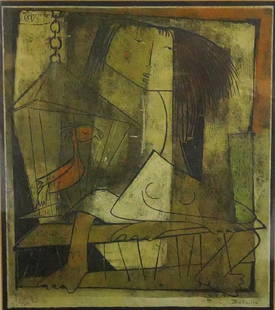 ANGEL BOTELLO WOMAN WITH BIRD PENCIL SIGNED LITHO: Angel Botello (PUERTO RICO / HAITI / SPAIN, 1913 - 1986) original hand signed and numbered color lithograph depicting a seated woman with bird. Pencil signed to lower right "Botello" and numbered "11/