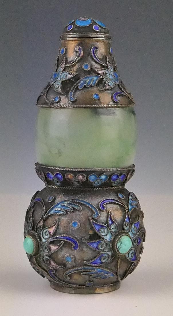 CHINESE ENAMELED SILVER JADE HULU SNUFF BOTTLE (1 of 6)