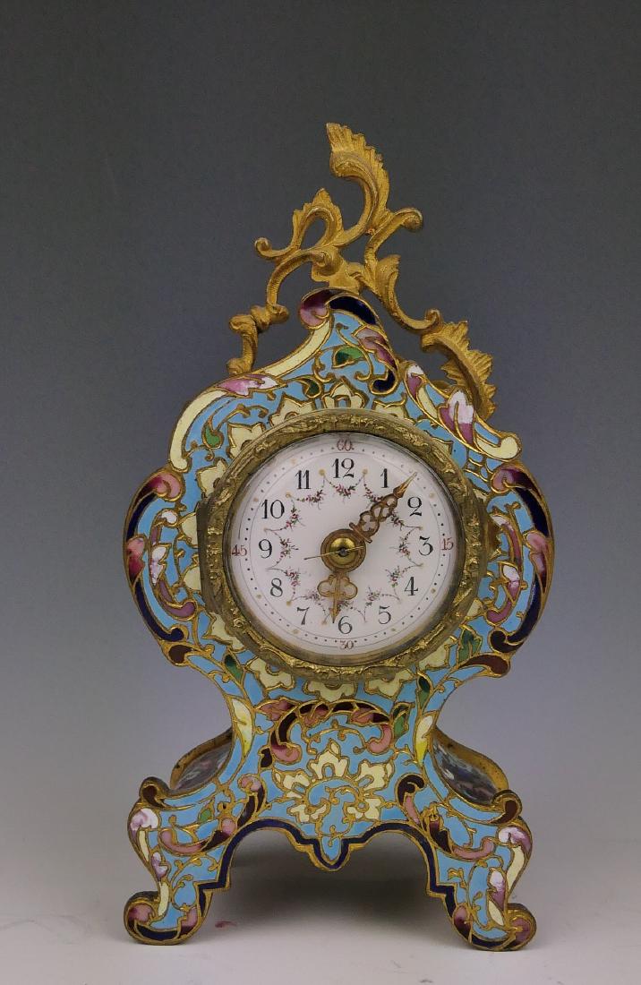 FRENCH CHAMPLEVE ENAMEL GILT METAL SHELF CLOCK (1 of 9)
