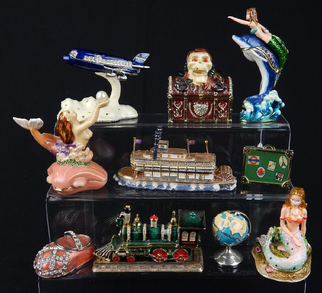 10 ENAMEL W/ RHINESTONE FIGURAL TRINKET BOXES: 10 enamel and rhinestone jeweled trinket boxes. Tallest measures approx. 4 1/4" height.