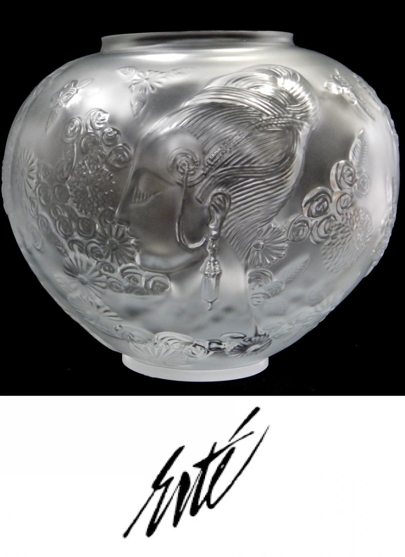 ROMAIN DE TIRTOFF (FRENCH 1892-1990) CRYSTAL VASE: Romain De Tirtoff "Erte" (FRANCE / NEWY YORK / RUSSIAN FEDERATION, 1892 - 1990) Art Deco French frosted crystal "Flower Among Flowers" vase having a tapered form and having raised design throughout de