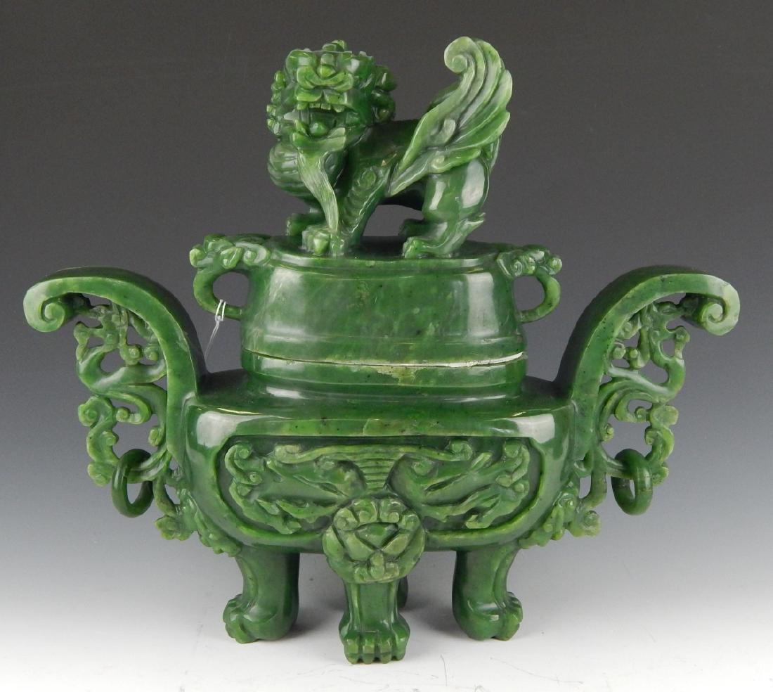 HEAVY CHINESE NEPHRITE JADE FOO LION COV'D URN (1 of 9)