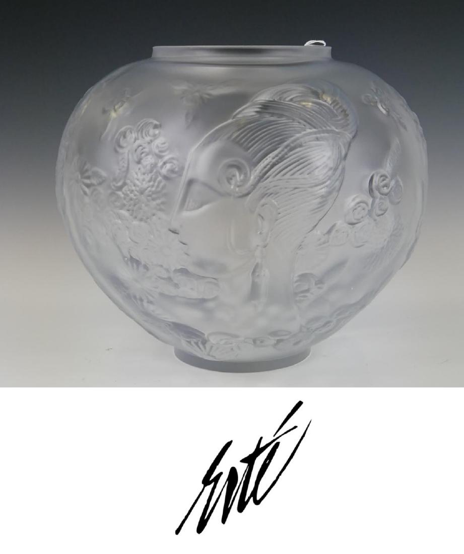 ROMAIN DE TIRTOFF (FRENCH 1892-1990) CRYSTAL VASE: Romain De Tirtoff "Erte" (FRANCE / NEWY YORK / RUSSIAN FEDERATION, 1892 - 1990) Art Deco French frosted crystal "Flower Among Flowers" vase having a tapered form and having raised design throughout de