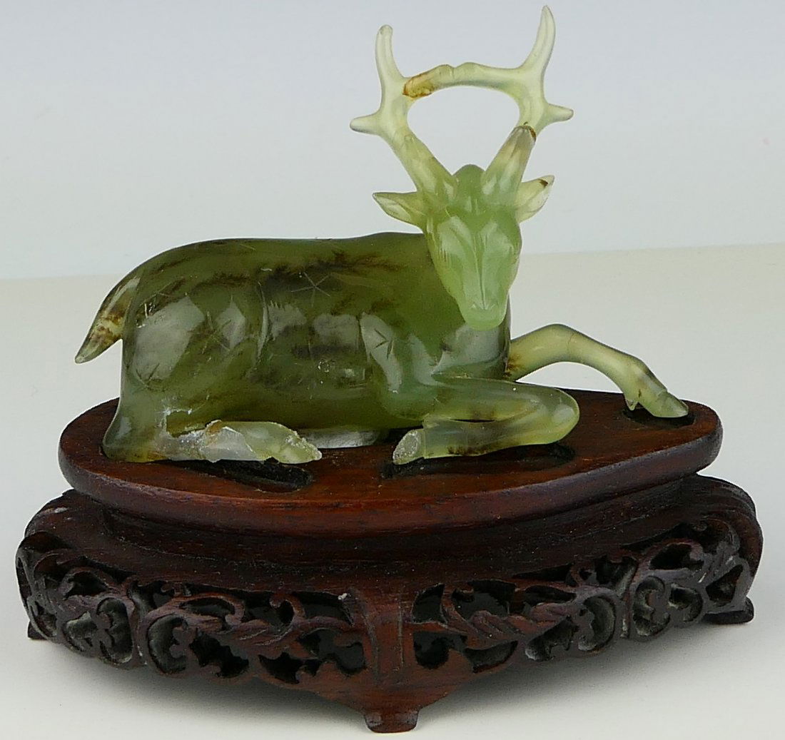 CHINESE ICY GREEN JADE RECUMBENT DEER SCULPTURE (1 of 7)