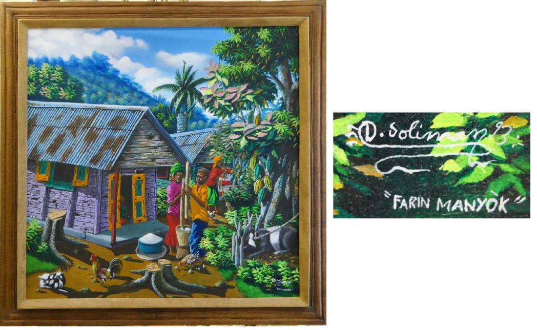 SIGNED D ROLINSON "FARIN MANYOK" HATIAN OIL: A signed Hatian oil painting on canvas titled "Farin Manyok" and signed D. Rolinson. Depicts a village scene with with people processing flour; various livestock can also be seen. Mounted in a wooden 