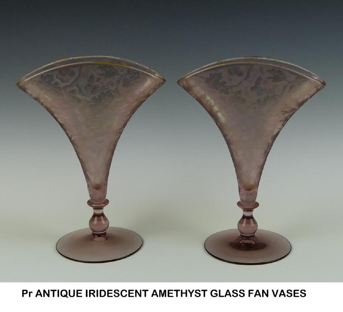 Pr ANTIQUE MOSER STYLE AMETHYST GLASS FAN VASES (1 of 5)
