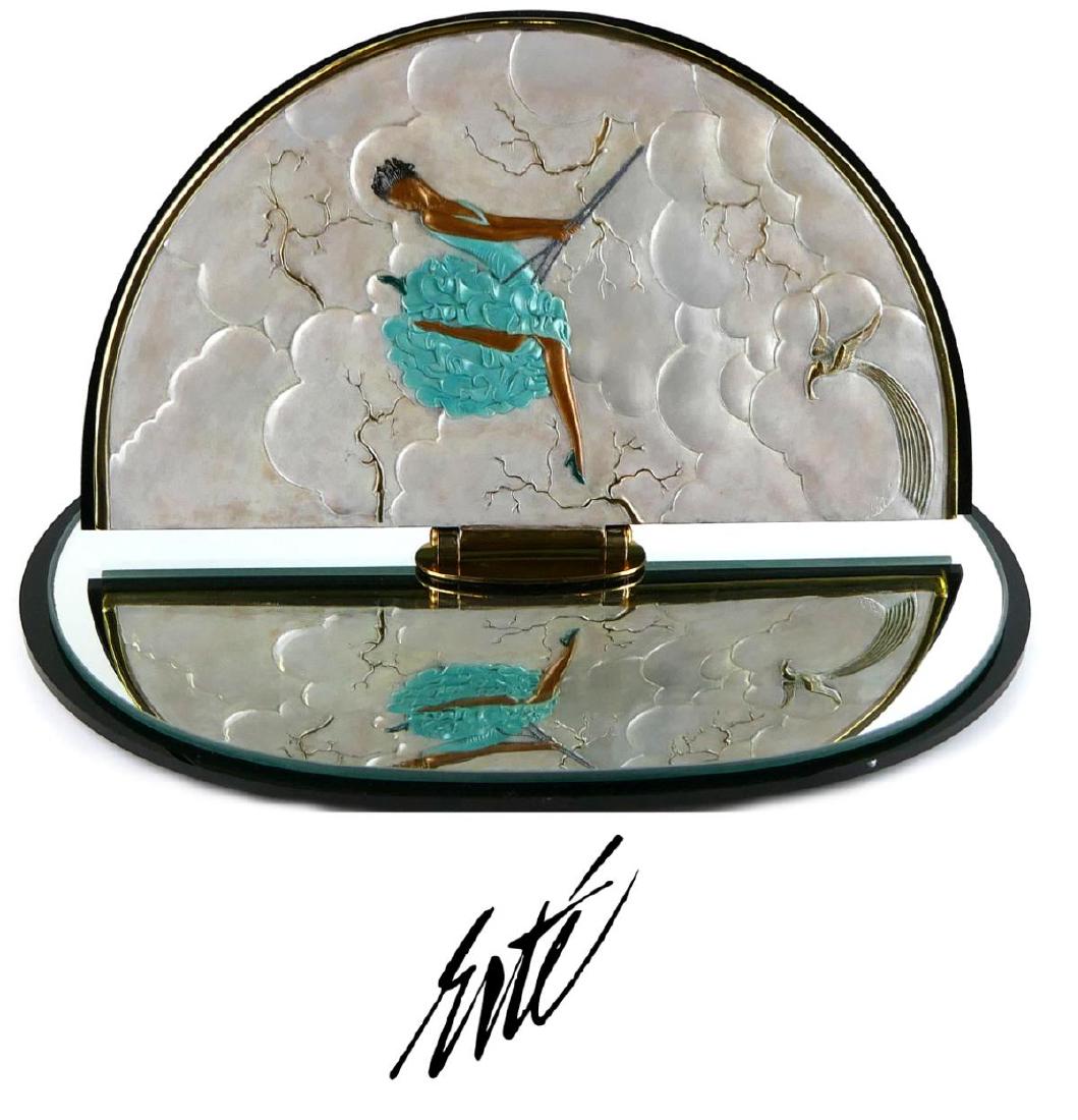 ROMAIN DE TIRTOFF (FRENCH 1892-1990) "JOY OF LIFE": Romain De Tirtoff "Erte" (FRANCE / NEWY YORK / RUSSIAN FEDERATION, 1892 - 1990) "Joy of Life" bronze and glass boudoir vanity mirror with swivel design. Fully hallmarked to side; limited edition numbe