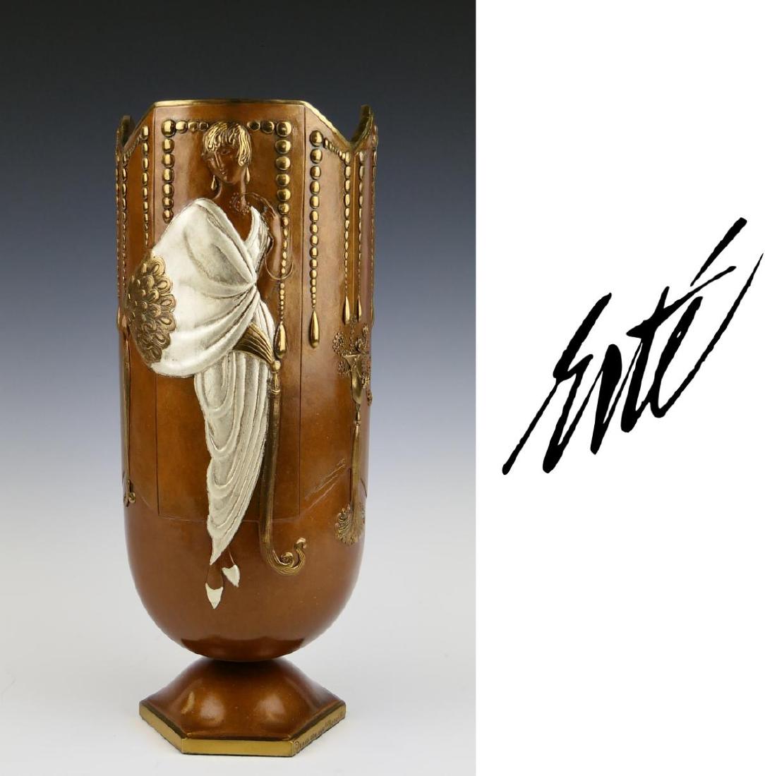 ROMAIN DE TIRTOFF (FRENCH 1892-1990) BRONZE VASE: Romain De Tirtoff "Erte" (FRANCE / NEWY YORK / RUSSIAN FEDERATION, 1892 - 1990) bronze vase depicting ladies with silver patinated clothing with gold tone draping beads. Fully hallmarked to side of ba
