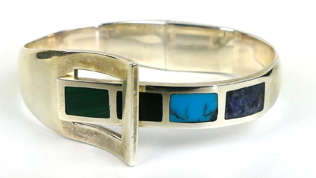 TAXCO MULTI-STONE INLAID STERLING HINGED BRACELET (1 of 5)