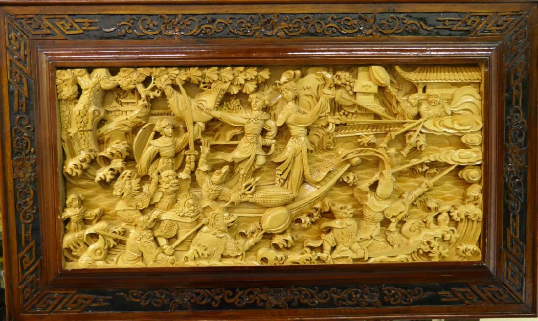 CHINESE INTRICATELY CARVED WOODEN WAR WALL PLAQUE (1 of 5)