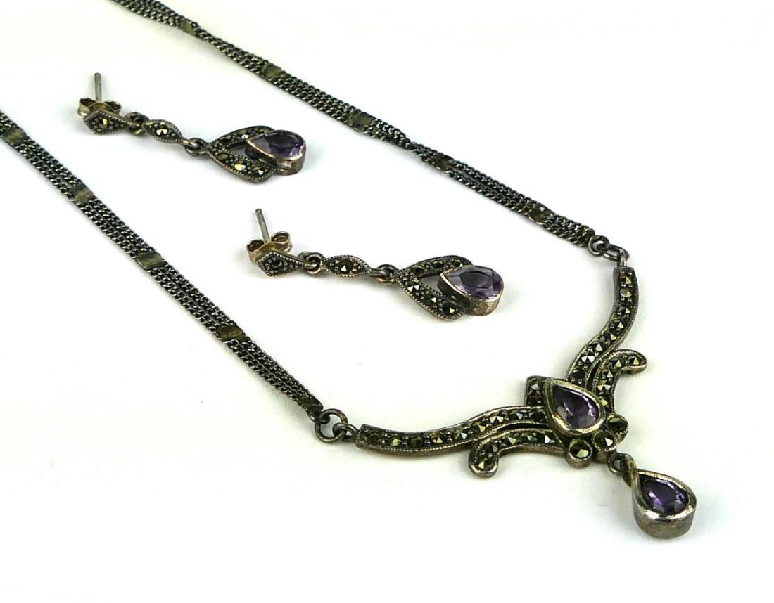 VICTORIAN STERLING AMETHYST MARCASSITE SUITE: This is a lovely antique suite, consists of 16" sterling chain, with 2 large amethyst stones, accented with marcasite, dates to the turn of the last century total weight 13.5 grams shipping $25 plus i