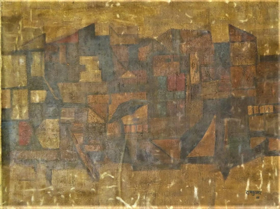 RAM KUMAR (INDIA b1924) 1966 OIL PAINTING ON CANVA: Ram Kumar (INDIAN, born 1924) original oil painting on canvas executed circa 1966 having a geometric design. Signed to lower right and dated '66. Unframed and removed from stretcher. Measures approx.
