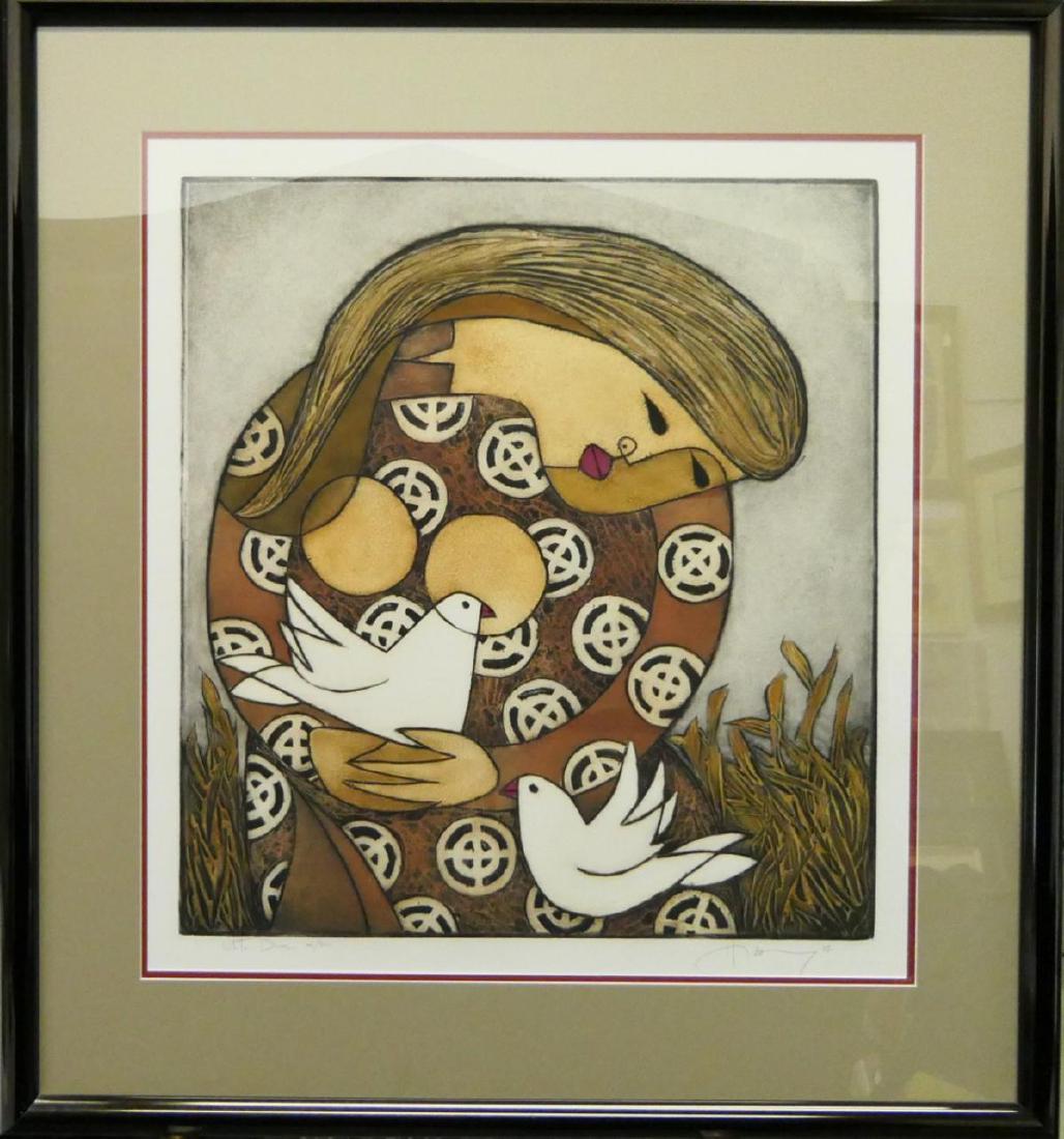 HUONG (VIETNAM 20th C) WOMAN WITH DOVES PRINT (1 of 6)
