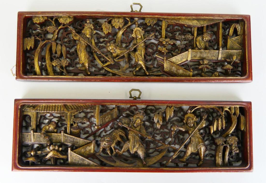 Pr CHINESE CARVED GILT WOODEN TEMPLE WALL PLAQUES (1 of 5)