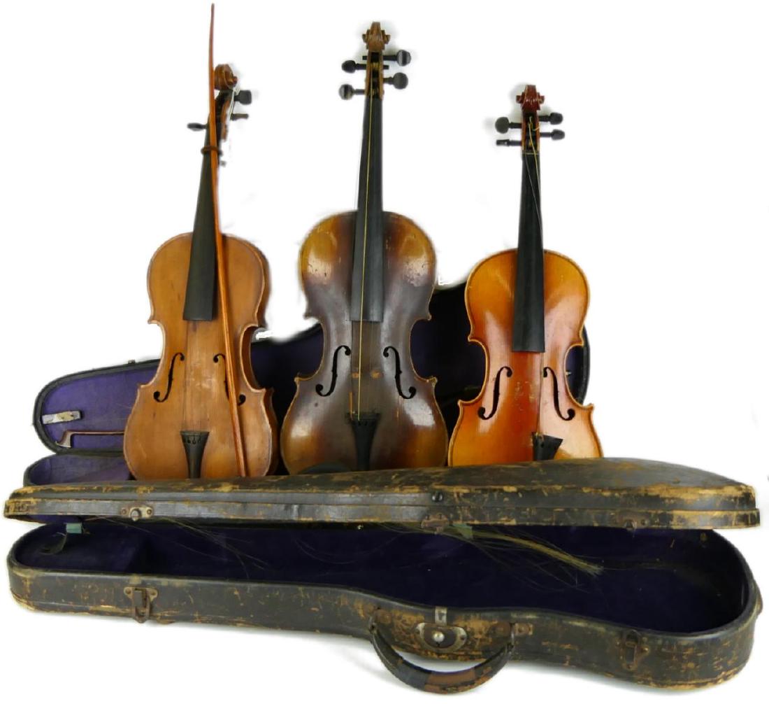 LOT OF 3 ANTIQUE VIOLINS WITH BOWS AND 2 CASES (1 of 7)