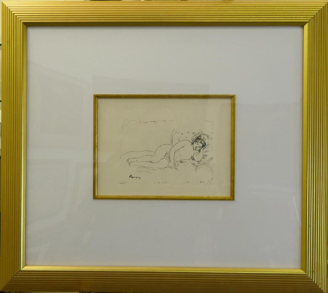 RENOIR (FRENCH 1841-1919) "FEMME NUE COUCHEE": Pierre Auguste Renoir (FRENCH, 1841 - 1919) print on paper depicting a reclining nude female titled "Femme Nue Couchee". Includes certificate. Mounted in a gold painted wooden frame with mat behind ac