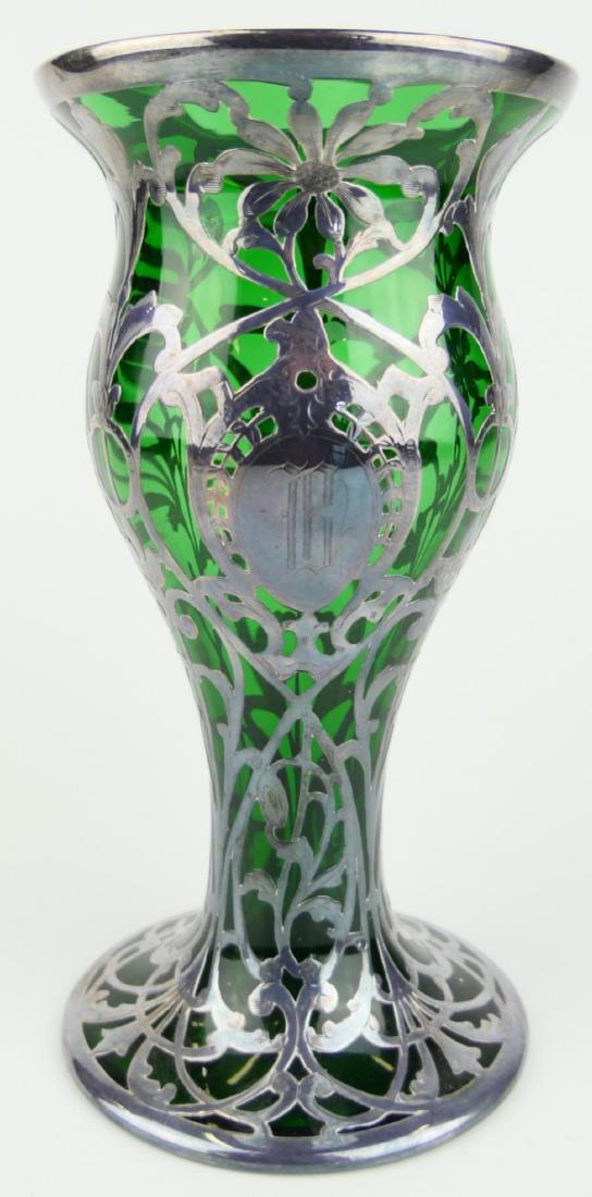 ANTIQUE EMERALD GREEN GLASS VASE W/ SILVER OVERLAY (1 of 7)
