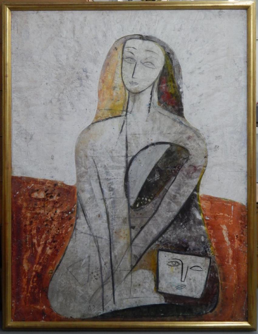 JAMALI (INDIAN, b1944) HUGE "SEATED FIGURE" WORK: Jamali Faiz Aqdas Hussain Khanjamali Yousafzai (INDIAN, born 1944) huge original pigmentation work on Spanish cork fabric titled "Seated Figure". Work measures approx. 80" height x 62" width (203.2cmx