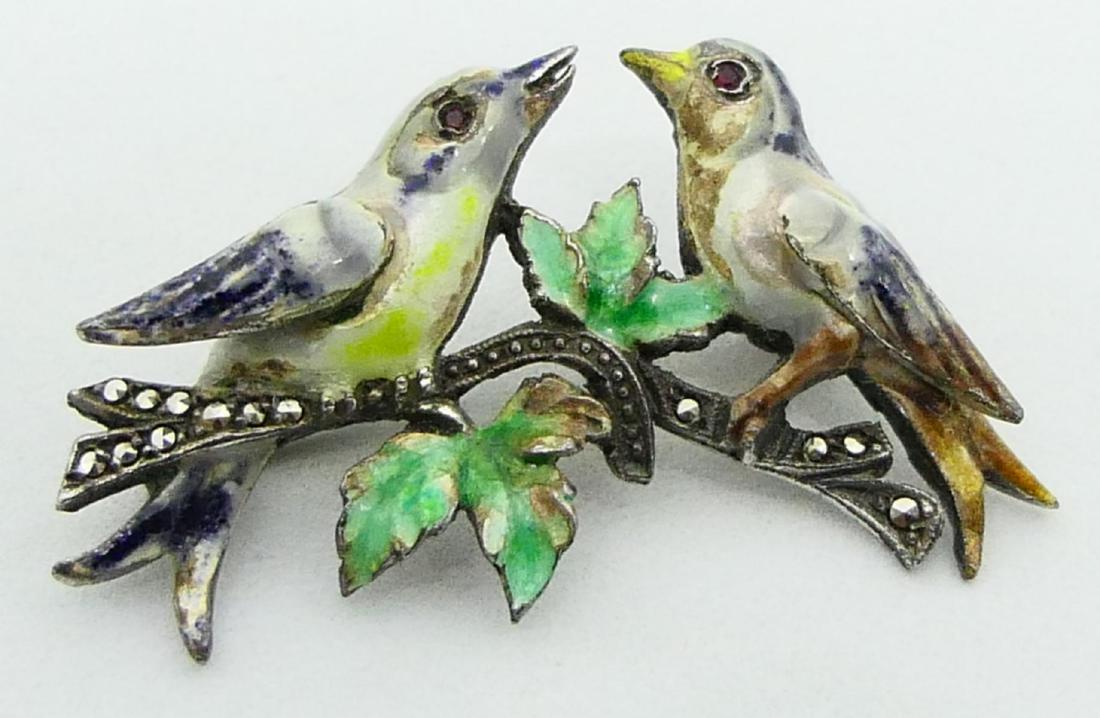 ANTIQUE GERMAN SILVER ENAMEL GARNET BIRDS PIN (1 of 4)