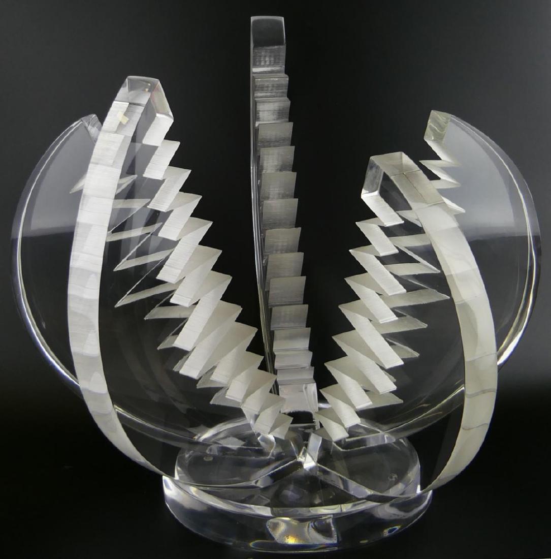 HIVO VAN TEAL (CUBAN / USA, 20th) LUCITE SCULPTURE: Hivo G Van Teal (CUBAN / AMERICAN, 20th century) large clear Lucite centerpiece sculpture having an interesting 5 panel saw tooth design. Dremel signed "Van Teal" to base. Measures approx. 17" height