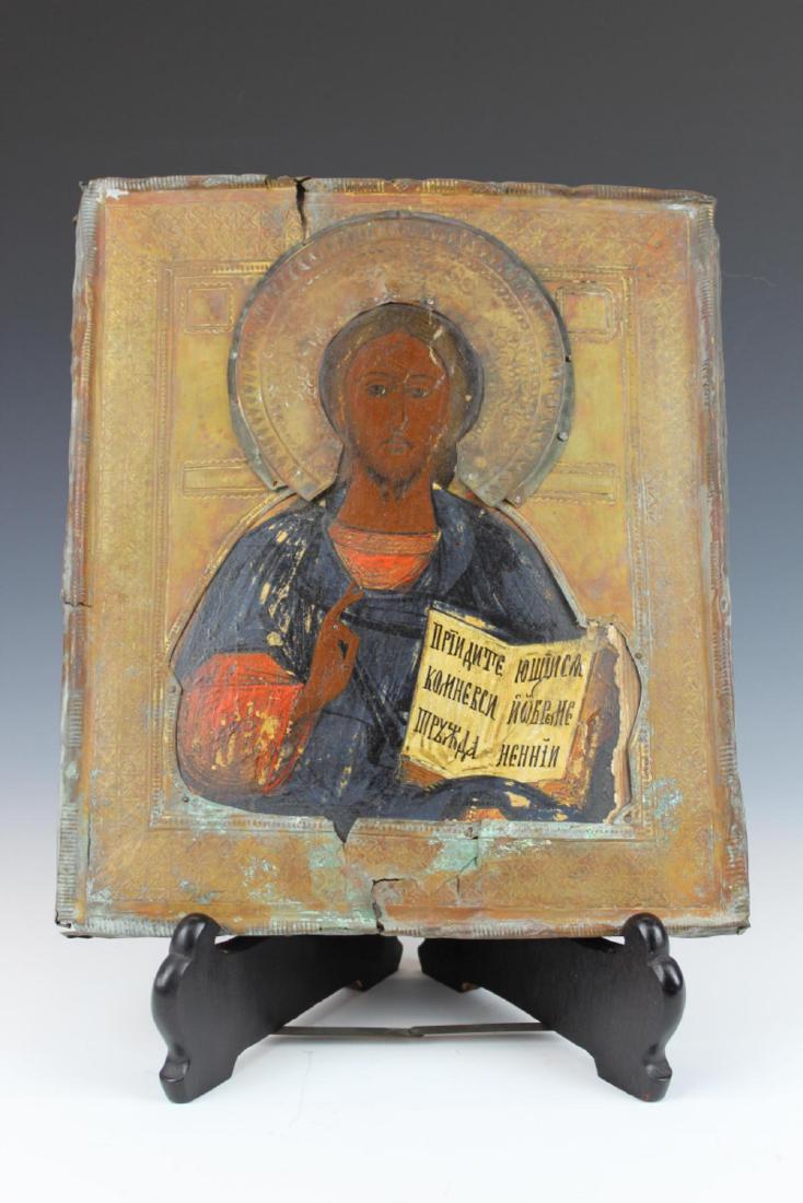 ANTIQUE RUSSIAN RELIGIOUS WOOD & BRASS ICON PLAQUE (1 of 5)