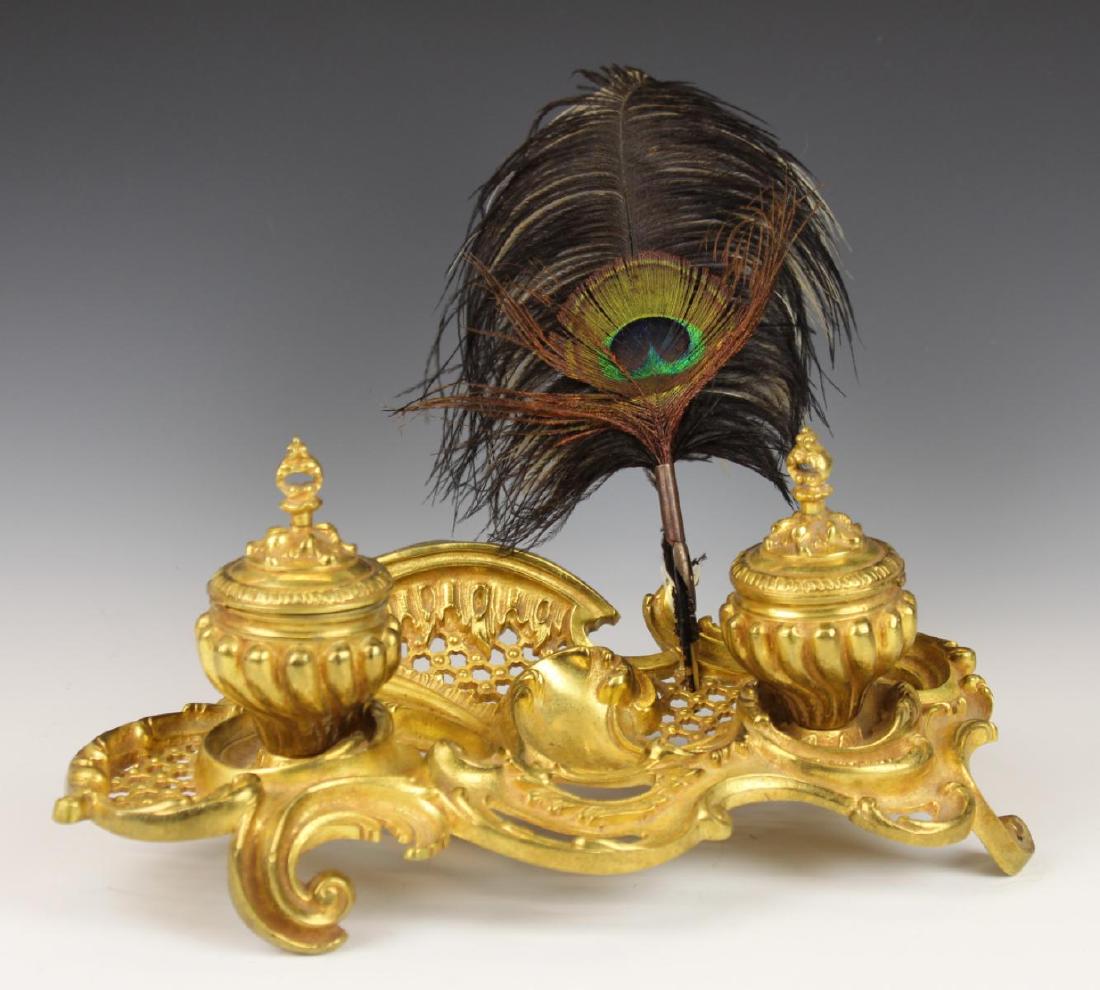 ANTIQUE FRENCH GILT METAL SCROLLED INKWELL (1 of 3)