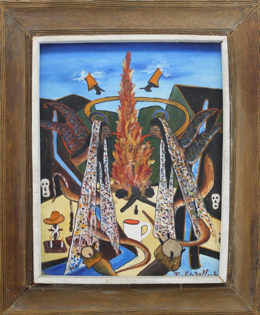 PREFETE DUFFAUT (HAITI 1923-2012) OIL ON CANVAS: Prefete Duffaut (HATIAN, 1923 - 2012) interesting oil painting on canvas depicting two Damballa in a voodoo ritual spitting blood into a bon fire with hands emerging from the sky. Signed to lower righ