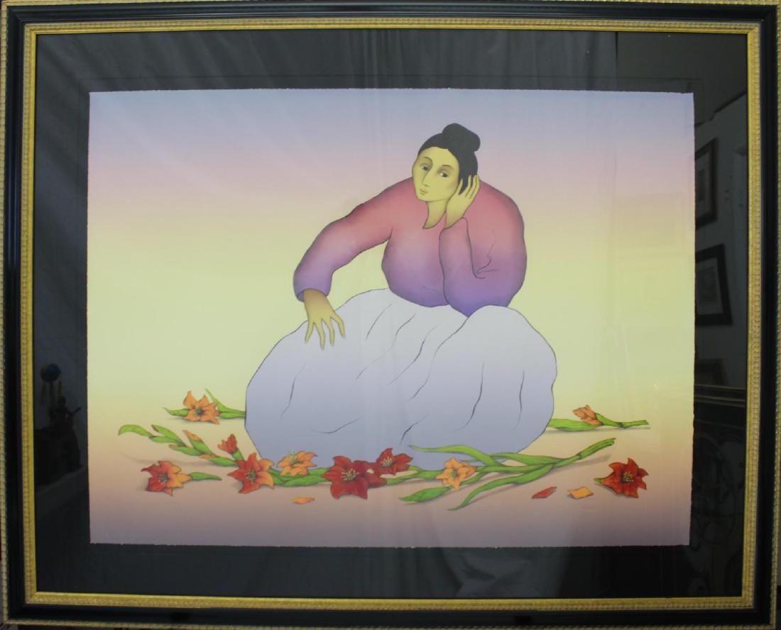 R C GORMAN (USA 1932-2005) SIGNED LITHOGRAPH 1990: Rudolph Carl Gorman (AMERICAN / ARIZONA, 1932 - 2005) lithograph depicting a seated Native American woman with flowers. Pencil signed to lower left and dated 1990 with embossed RCG seal; pencil number