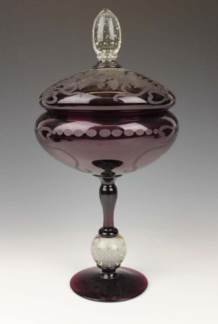 ANTIQUE ETCHED AMETHYST LIDDED GLASS COMPOTE (1 of 4)