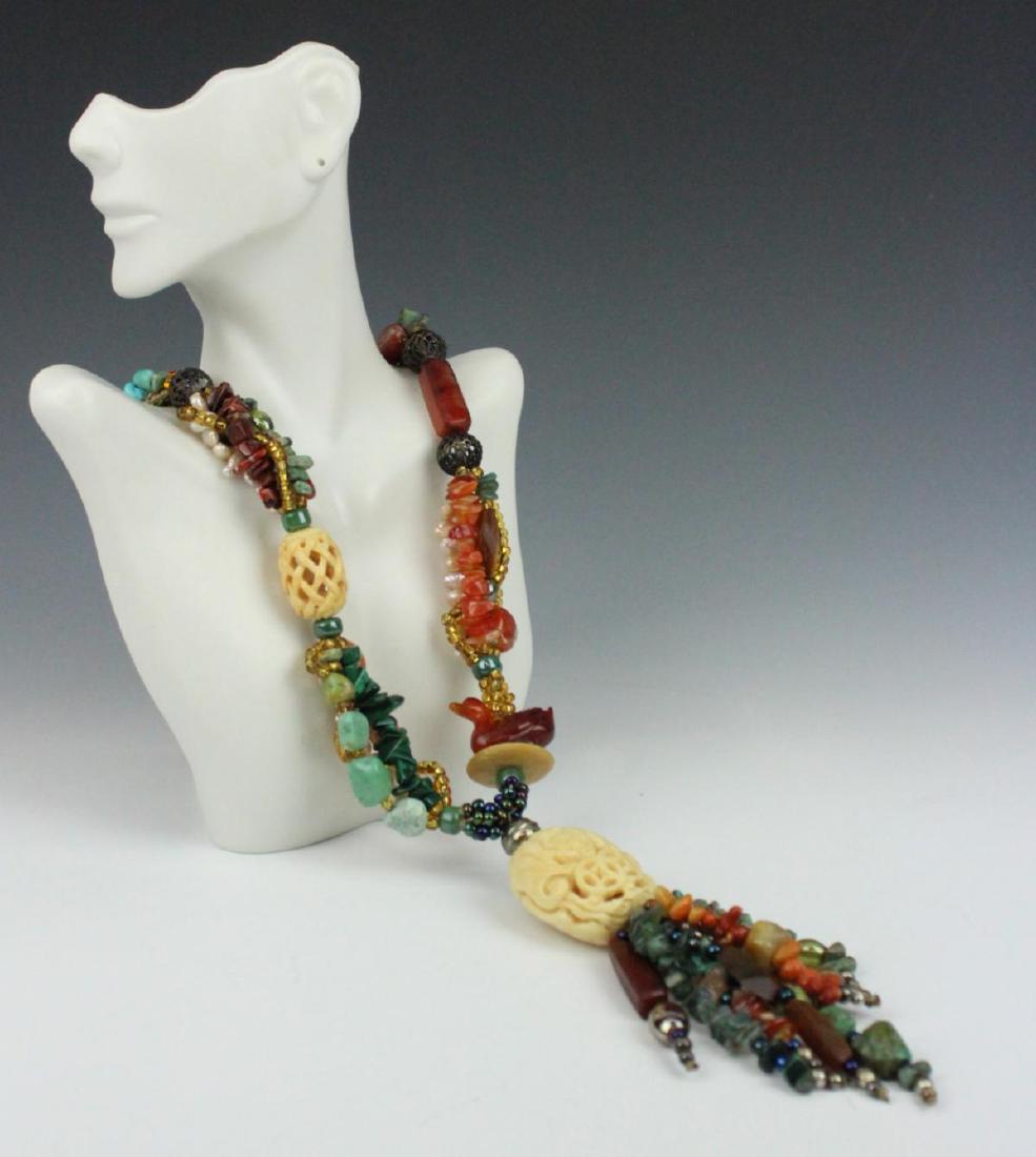 FABULOUS DESIGNER MIXED STONE ETHNIC NECKLACE: Measures a huge 30" long, property of a Palm beach lady, with malachite, carved bone, turquoise, jade, carnelian, pearls, and other semi precious stones. Large and very heavy all original and one of a