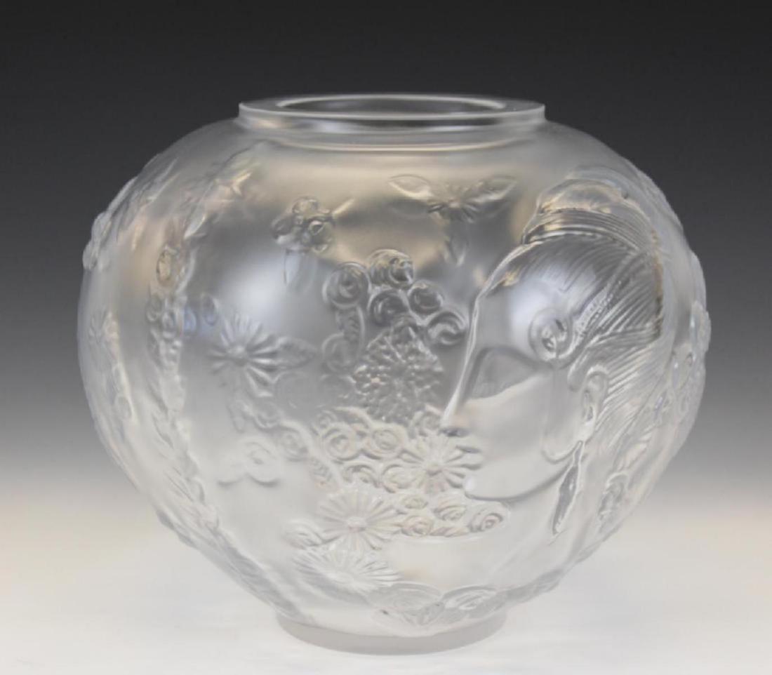 ROMAIN DE TIRTOFF (FRENCH 1892-1990) CRYSTAL VASE: Romain De Tirtoff "Erte" (FRANCE / NEWY YORK / RUSSIAN FEDERATION, 1892 - 1990) Art Deco French frosted crystal "Flower Among Flowers" vase having a tapered form and having raised design throughout de