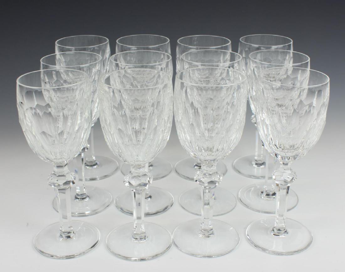 12 WATERFORD "CURRAGHMORE CUT" CLARET WINE GLASSES: A set of 12 Waterford Irish cut crystal claret wine stem glasses in the "Curraghmore Cut" pattern. Each with acid watermark to bottom. Cups measure approx. 7 1/8" height x 2 3/4" diameter at rim (18cm