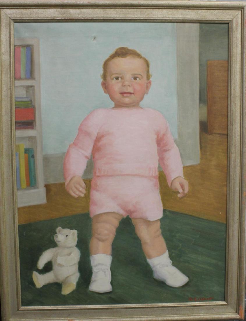 M E ABBOT (USA 1870-1953) PORTRAIT OIL OF TODDLER: Marguerite Elizabeth Abbott (AMERICAN / CALIFORNIA, 1870 - 1953) oil painting on canvas depicting a standing toddler with teddy bear seen. Signed to lower right. Mounted in a silver painted wooden fra